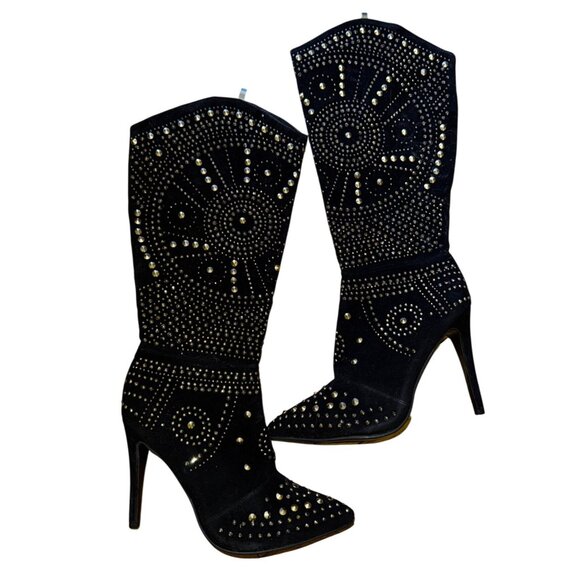Black Studded High Heel Boots Mid Calf Size 10 Stiletto Beyonce Cowboy Sexy Y2k - Picture 1 of 9